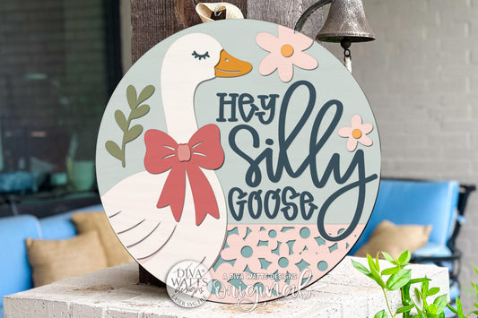 Round Door Hanger SVG Featuring A Hey Silly Goose Design With Whimsical Farmhouse Style For Front Porch Decor And Playful Entryway Signs, Includes Laser SVG And Vinyl SVG Files For Creating Charming Layered Laser Cut Decor With A Fun Welcoming Feel