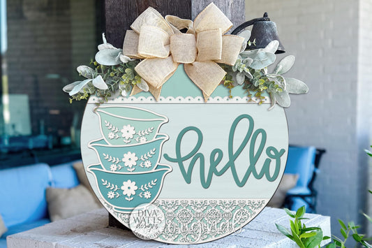 Round Door Hanger SVG Featuring A Hello Vintage Mixing Bowls Design With Grandmillennial Farmhouse Style For Charming Front Porch Decor And Cozy Cottage Entryway Signs, Includes Laser SVG And Vinyl SVG Files For Creating Layered Laser Cut Decor With A Warm Nostalgic Feel
