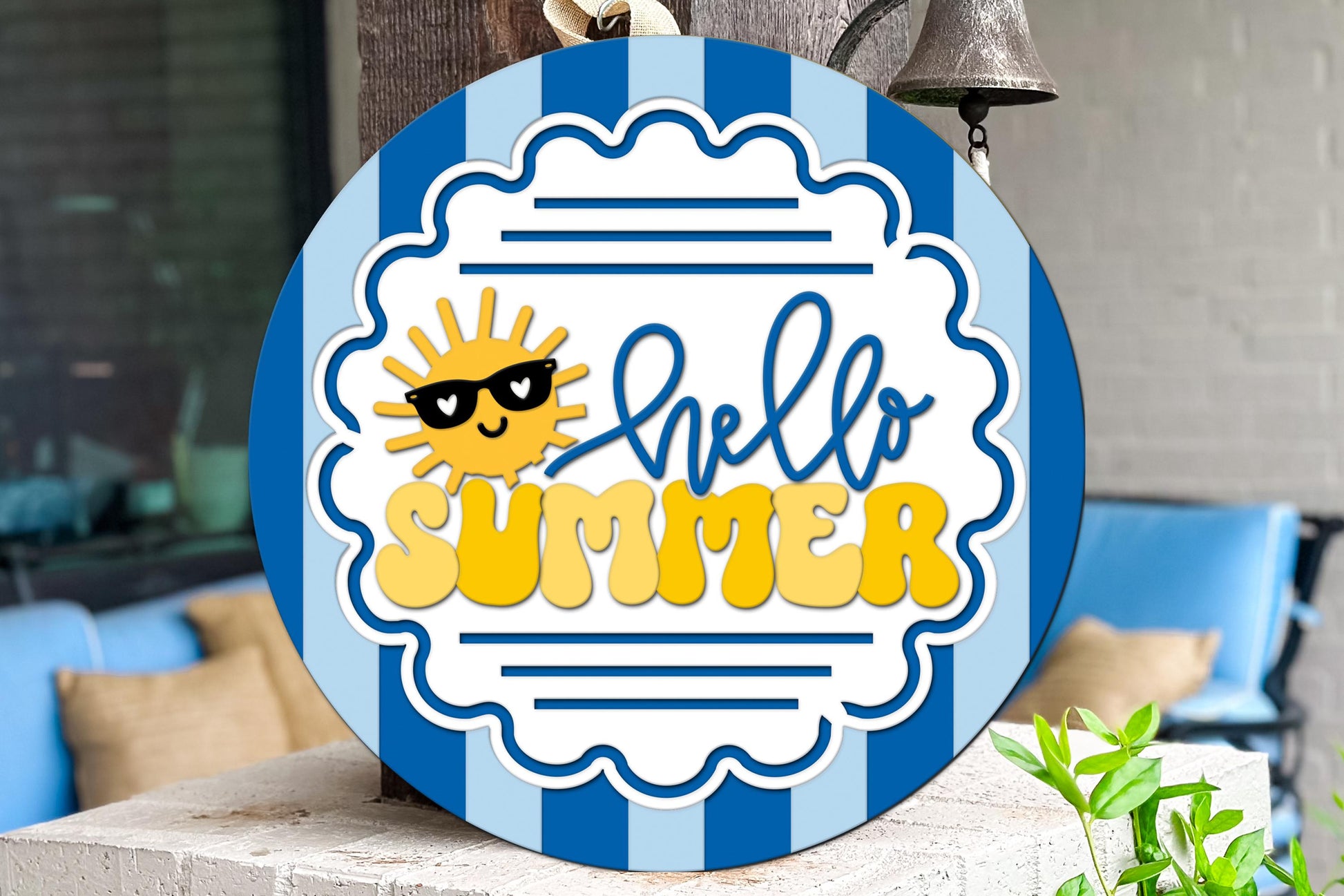 Round Door Hanger SVG Hello Summer Sunshine Design Retro Seasonal Entryway Decor Charming Front Porch Sign for Welcoming Everyday Use