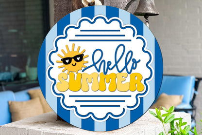 Round Door Hanger SVG Hello Summer Sunshine Design Retro Seasonal Entryway Decor Charming Front Porch Sign for Welcoming Everyday Use