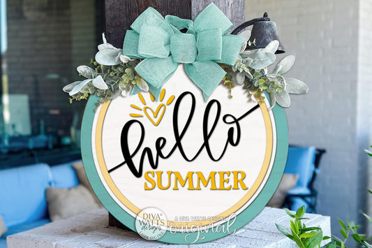 Round Door Hanger SVG Hello Summer Script Sign With Heart Accent For Front Door And Porch Decor — Digital Laser SVG And Vinyl SVG Instant Download, Welcoming Front Door Accent By Diva Watts Designs