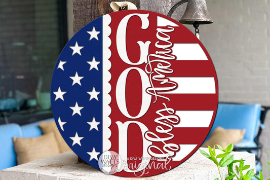Round Door Hanger SVG God Bless America Patriotic Flag Design For Front Door And Porch Decor — Digital Laser SVG And Vinyl SVG Instant Download, Welcoming Front Door Accent By Diva Watts Designs