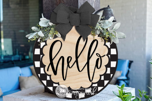 Round Door Hanger SVG Hello Script Sign With Scalloped Frame Detail For Front Door And Porch Decor — Digital Laser SVG And Vinyl SVG Instant Download, Welcoming Front Door Accent By Diva Watts Designs