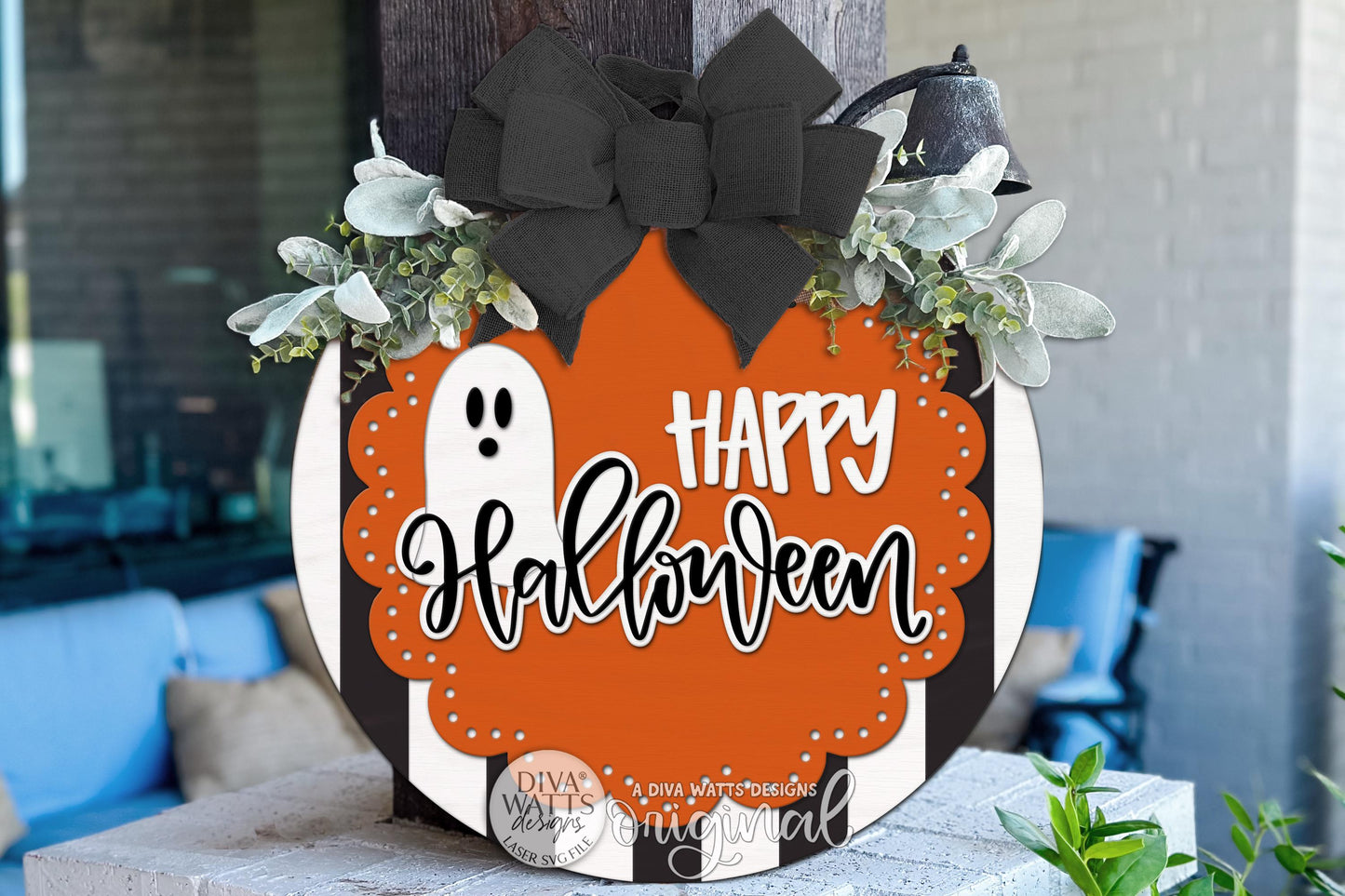 Round Door Hanger SVG Happy Halloween Ghost Sign With Scalloped Layered Design For Front Door And Porch Decor — Digital Laser SVG And Vinyl SVG Instant Download, Welcoming Front Door Accent By Diva Watts Designs