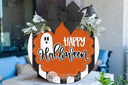 Round Door Hanger SVG Happy Halloween Ghost Sign With Scalloped Layered Design For Front Door And Porch Decor — Digital Laser SVG And Vinyl SVG Instant Download, Welcoming Front Door Accent By Diva Watts Designs