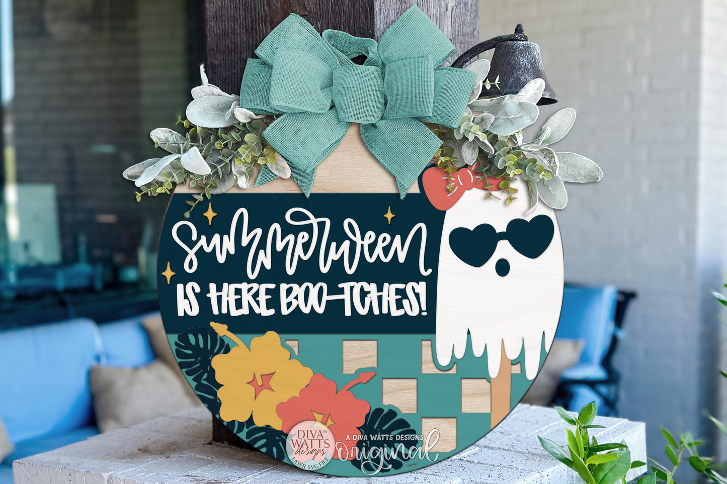 Round Door Hanger SVG Summerween Ghost Popsicle Sign With Tropical Halloween Porch Decor for Front Door Entryway — Digital Laser SVG And Vinyl SVG Instant Download, Welcoming Front Door Accent By Diva Watts Designs