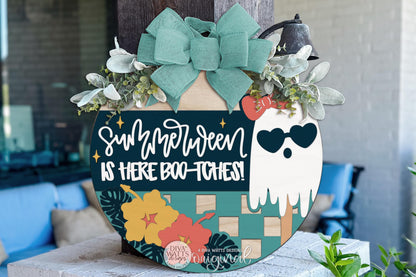 Round Door Hanger SVG Summerween Ghost Popsicle Sign With Tropical Halloween Porch Decor for Front Door Entryway — Digital Laser SVG And Vinyl SVG Instant Download, Welcoming Front Door Accent By Diva Watts Designs
