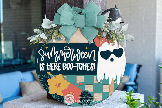 Round Door Hanger SVG Summerween Ghost Popsicle Sign With Tropical Halloween Porch Decor for Front Door Entryway — Digital Laser SVG And Vinyl SVG Instant Download, Welcoming Front Door Accent By Diva Watts Designs