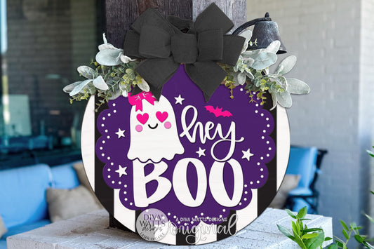 Round Door Hanger SVG Hey Boo Ghost Halloween Door Sign For Front Door And Porch Decor, Digital Laser SVG And Vinyl SVG Instant Download, Welcoming Front Door Accent By Diva Watts Designs