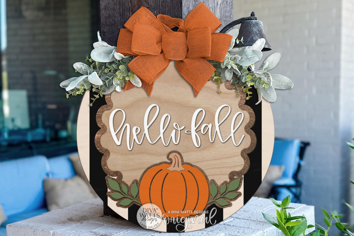 Round Door Hanger SVG Hello Fall Pumpkin Sign For Front Door And Porch, Digital Laser SVG And Vinyl SVG Instant Download, Welcoming Front Door Accent By Diva Watts Designs