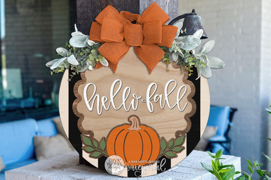 Round Door Hanger SVG Hello Fall Pumpkin Sign For Front Door And Porch, Digital Laser SVG And Vinyl SVG Instant Download, Welcoming Front Door Accent By Diva Watts Designs
