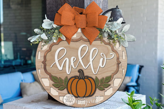 Round Door Hanger SVG Hello Pumpkin Fall Harvest Welcome Sign For Front Door And Porch Decor — Digital Laser SVG And Vinyl SVG Instant Download, Welcoming Front Door Accent By Diva Watts Designs