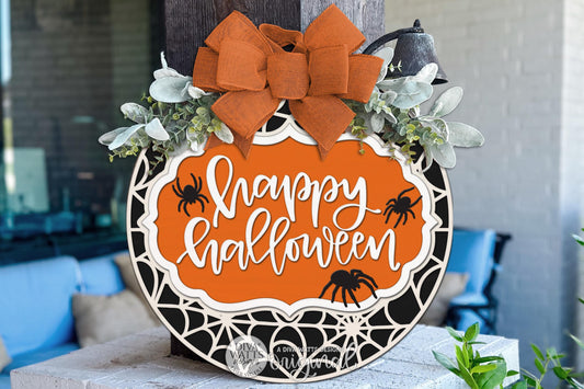 Round Door Hanger SVG Happy Halloween Spider Web Sign For Front Door And Porch Decor — Digital Laser SVG And Vinyl SVG Instant Download, Welcoming Front Door Accent By Diva Watts Designs