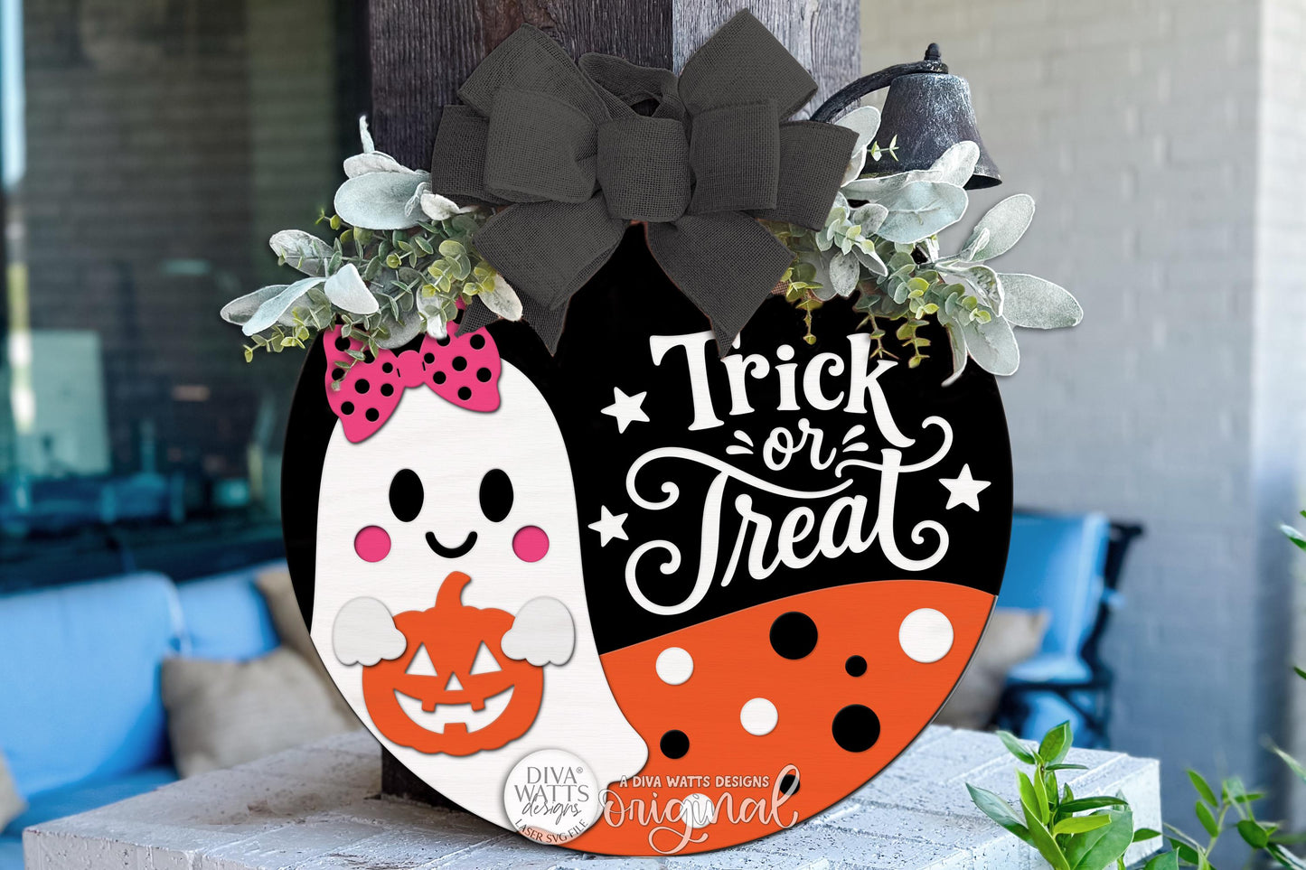 Round Door Hanger SVG Trick Or Treat Ghost Halloween Sign With Pumpkin For Front Door And Porch Decor, Digital Laser SVG And Vinyl SVG Instant Download, Welcoming Front Door Accent By Diva Watts Designs