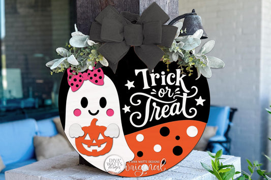 Round Door Hanger SVG Trick Or Treat Ghost Halloween Sign With Pumpkin For Front Door And Porch Decor, Digital Laser SVG And Vinyl SVG Instant Download, Welcoming Front Door Accent By Diva Watts Designs