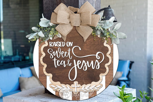 Round Door Hanger SVG Raised On Sweet Tea And Jesus Faith Inspired Front Door Sign For Porch And Entryway Decor, Digital Laser SVG And Vinyl SVG Instant Download, Welcoming Front Door Accent By Diva Watts Designs