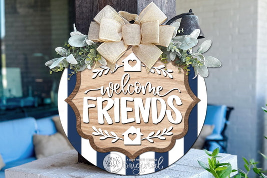 Round Door Hanger SVG Welcome Friends Front Door Sign With Scalloped Frame For Porch And Entryway Decor, Digital Laser SVG And Vinyl SVG Instant Download, Welcoming Front Door Accent By Diva Watts Designs