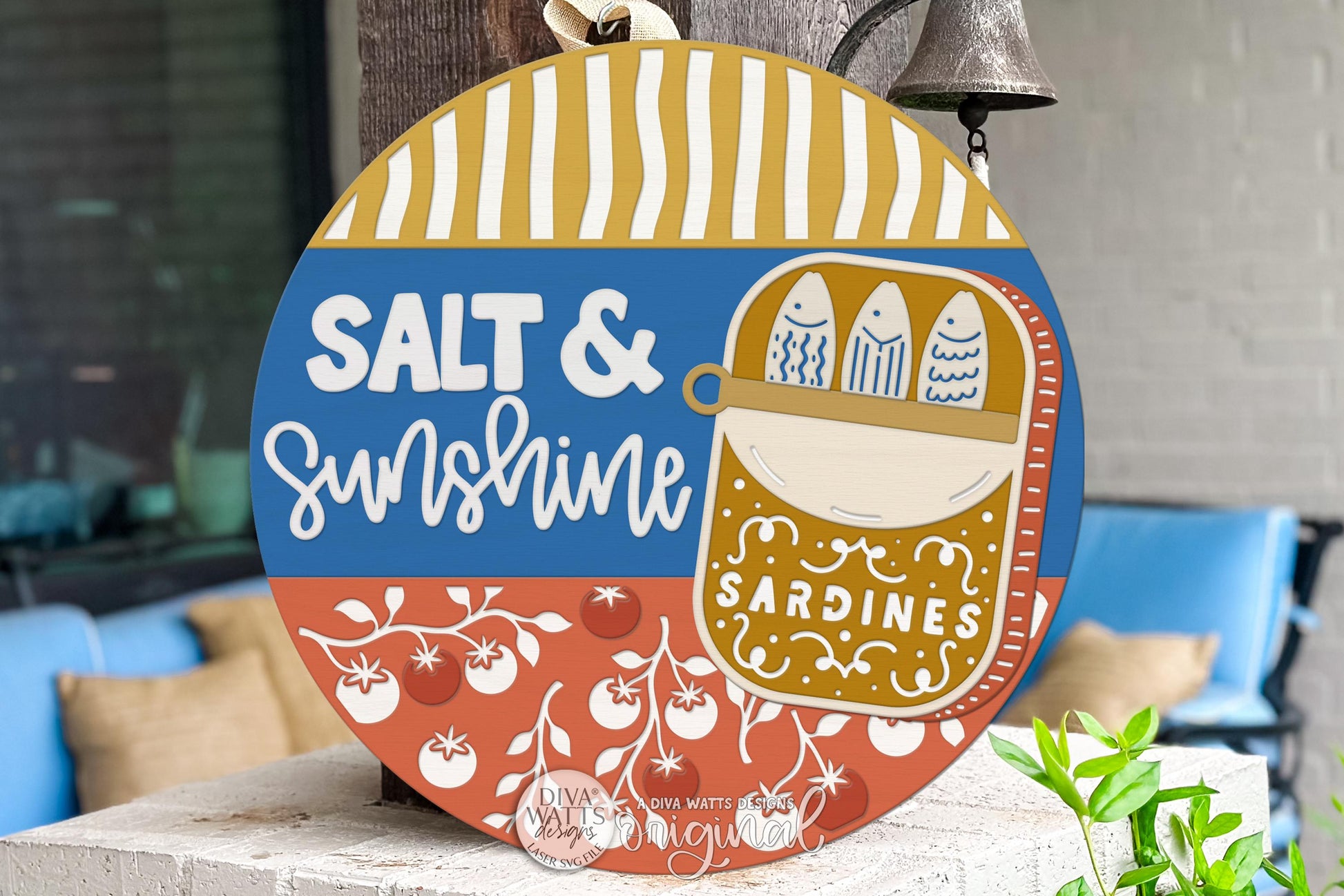 Round Door Hanger SVG Mediterranean Sardines Sign With Salt And Sunshine Theme For Front Door And Porch Decor — Digital Laser SVG And Vinyl SVG Instant Download, Welcoming Front Door Accent By Diva Watts Designs