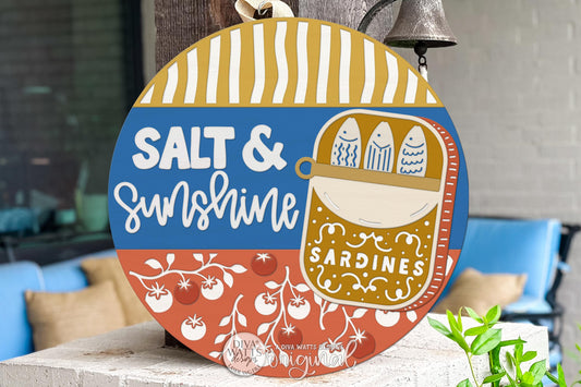 Round Door Hanger SVG Mediterranean Sardines Sign With Salt And Sunshine Theme For Front Door And Porch Decor — Digital Laser SVG And Vinyl SVG Instant Download, Welcoming Front Door Accent By Diva Watts Designs
