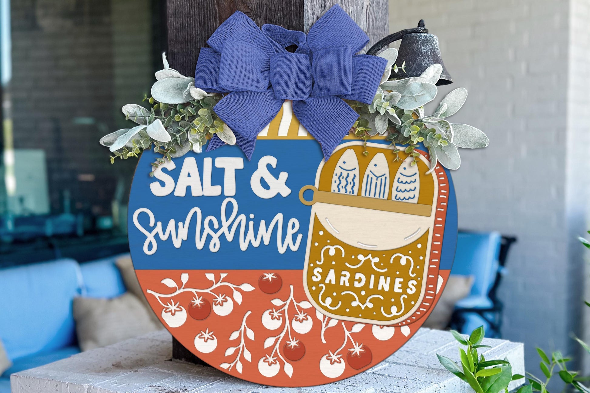 Round Door Hanger SVG Mediterranean Sardines Sign Salt And Sunshine Coastal Summer Door Hanger Entryway Decor For Beach House Makers