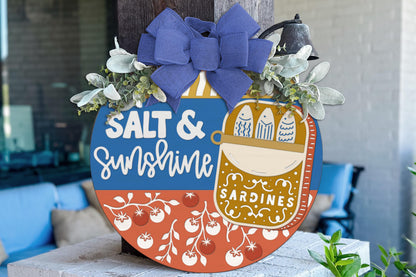 Round Door Hanger SVG Mediterranean Sardines Sign Salt And Sunshine Coastal Summer Door Hanger Entryway Decor For Beach House Makers