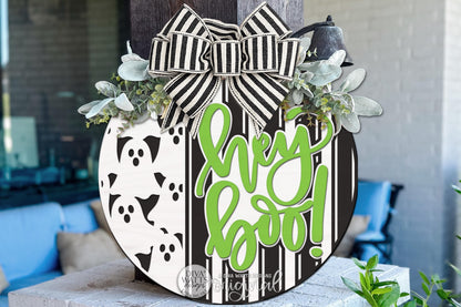 Round Door Hanger SVG Hey Boo Ghost Sign For Front Door And Porch Decor Featuring Playful Ghosts, Digital Laser SVG And Vinyl SVG Instant Download, Welcoming Front Door Accent By Diva Watts Designs