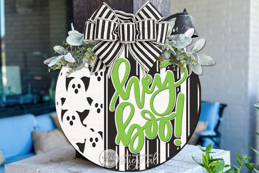 Round Door Hanger SVG Hey Boo Ghost Sign For Front Door And Porch Decor Featuring Playful Ghosts, Digital Laser SVG And Vinyl SVG Instant Download, Welcoming Front Door Accent By Diva Watts Designs