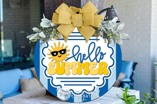 Round Door Hanger SVG Hello Summer Sunshine Sign For Front Door And Porch, Retro Seasonal Entryway Decor, Digital Laser SVG And Vinyl SVG Instant Download, Welcoming Front Door Accent By Diva Watts Designs