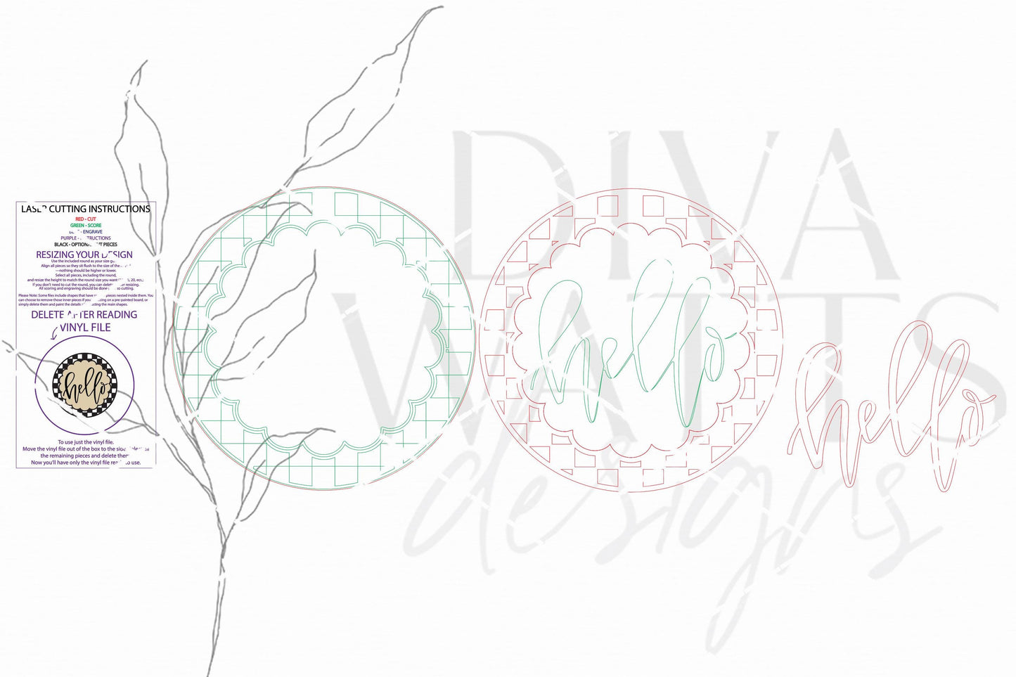 Round Door Hanger SVG Hello Script Sign With Scalloped Frame Detail For Welcoming Entryway Decor, Everyday Porch Sign For Front Door Display