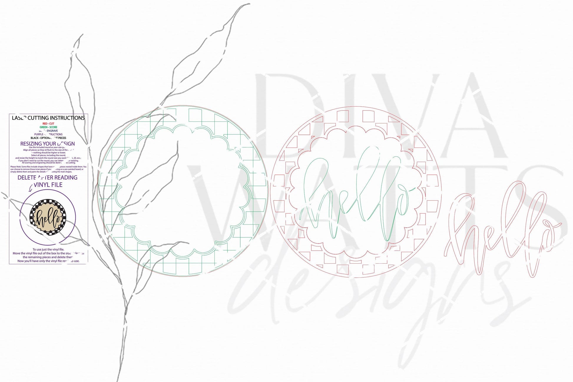 Round Door Hanger SVG Hello Script Sign With Scalloped Frame Detail For Welcoming Entryway Decor, Everyday Porch Sign For Front Door Display