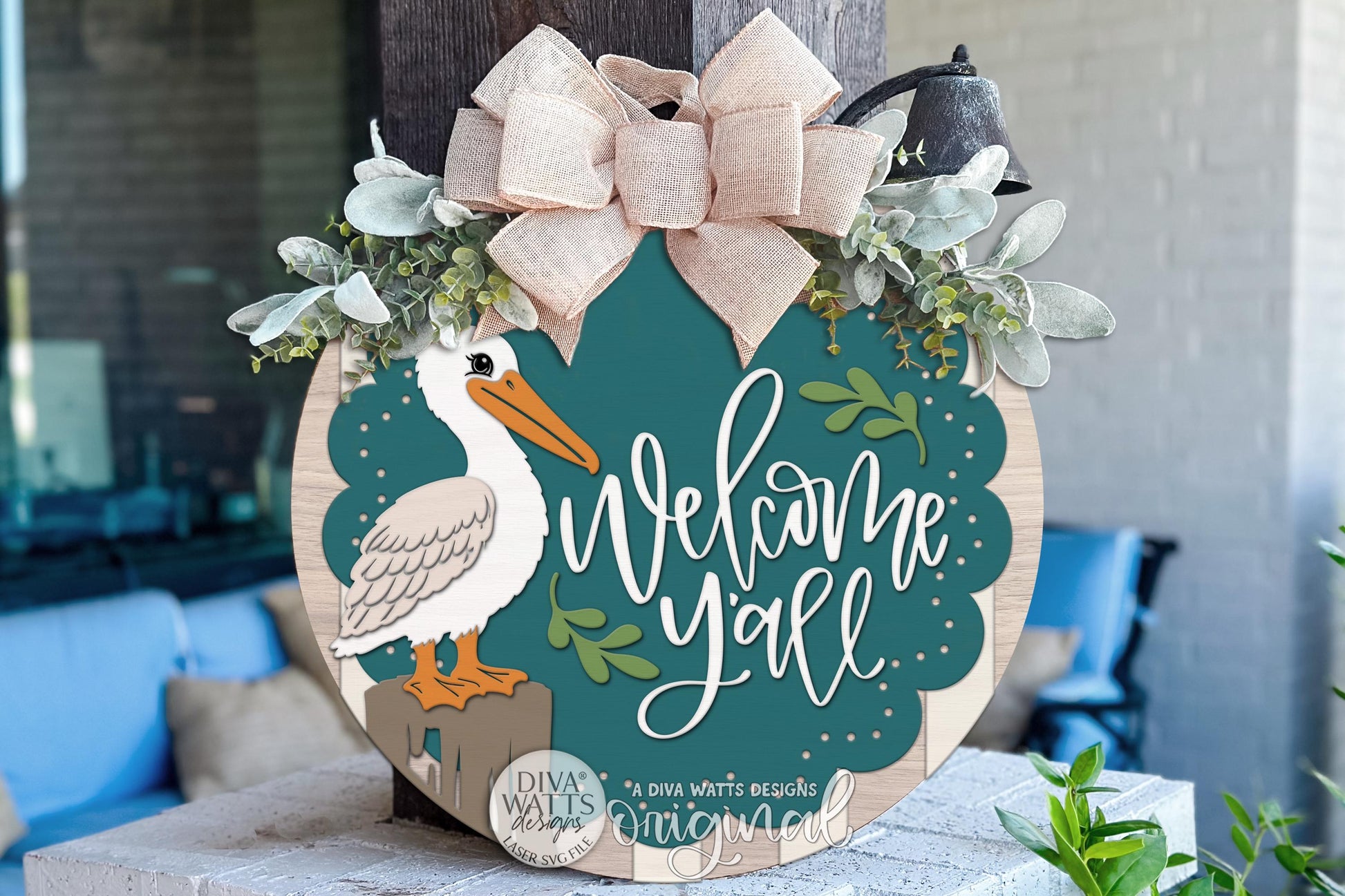 Round Door Hanger SVG Pelican Welcome Yall Coastal Entryway Sign For Front Door And Porch, Digital Laser SVG And Vinyl SVG Instant Download, Welcoming Front Door Accent By Diva Watts Designs