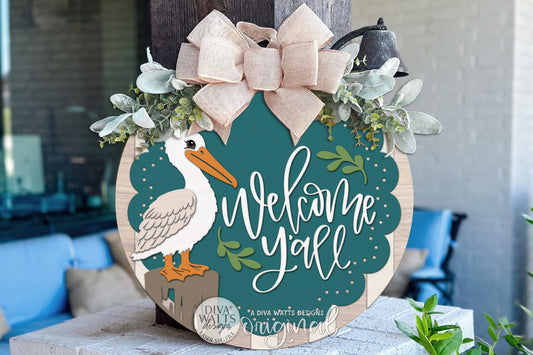 Round Door Hanger SVG Pelican Welcome Yall Coastal Entryway Sign For Front Door And Porch, Digital Laser SVG And Vinyl SVG Instant Download, Welcoming Front Door Accent By Diva Watts Designs