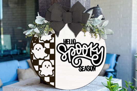 Round Door Hanger SVG Hello Spooky Season Ghost Sign For Front Door And Porch Decor — Digital Laser SVG And Vinyl SVG Instant Download, Welcoming Front Door Accent By Diva Watts Designs