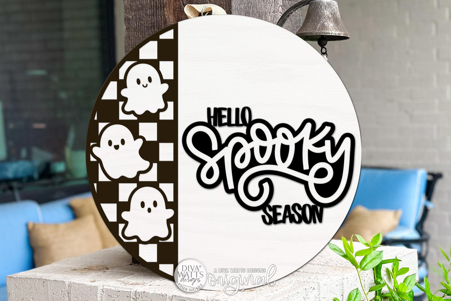 Round Door Hanger SVG Hello Spooky Season Ghost Sign Halloween Front Door Decor Layered Autumn Entryway Design For Porch Display