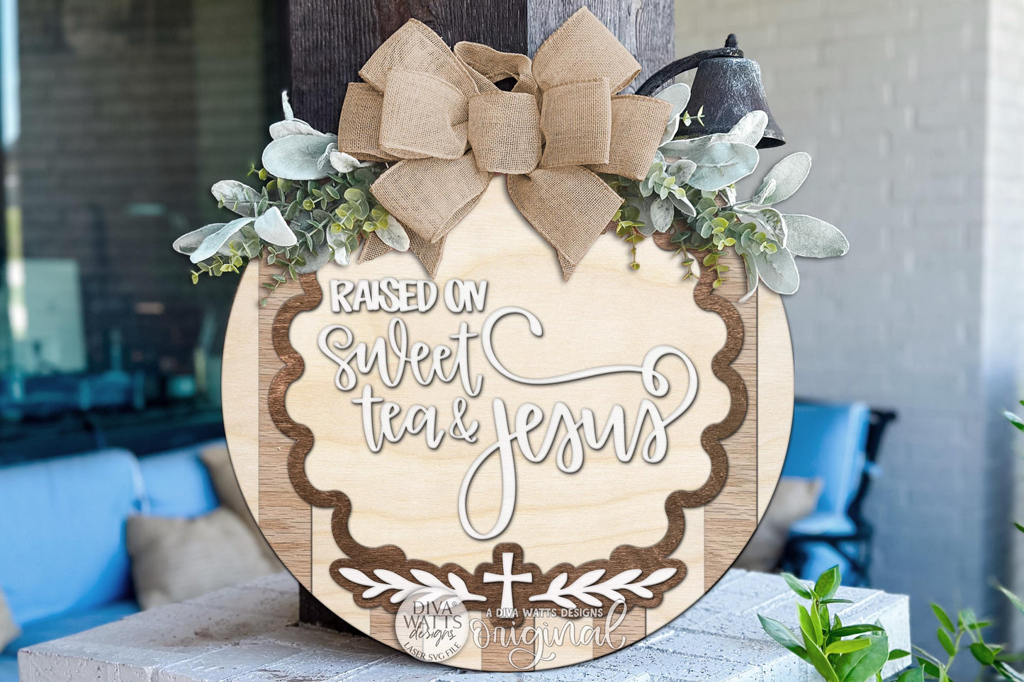 Round Door Hanger SVG Raised On Sweet Tea And Jesus Faith Inspired Entryway Sign Design For Welcoming Porch And Front Door Decor