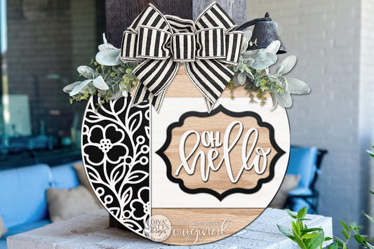 Round Door Hanger SVG Oh Hello Floral Split Design Front Door Sign For Porch And Entryway Decor, Digital Laser SVG And Vinyl SVG Instant Download, Welcoming Front Door Accent By Diva Watts Designs