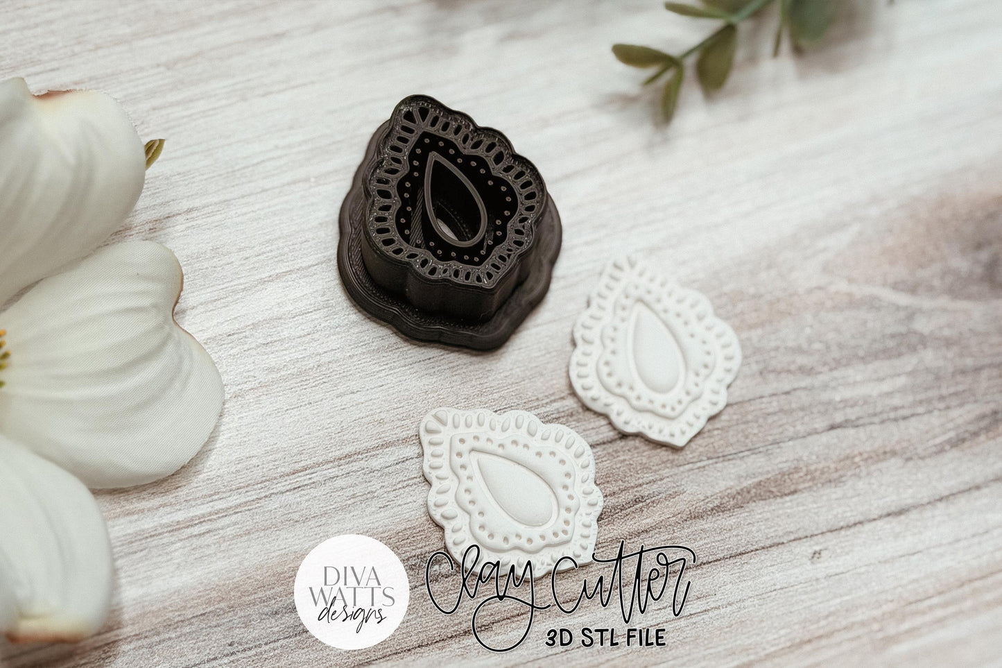 Clay Earring Cutter STL Lace Teardrop Design For Polymer Clay Earrings, Sharp-Edge 3D Printing Cutter For Handmade Jewelry Makers, Decorative Boho Frame With Layered Teardrop Center, Clean Cutter Shape For Boutique Statement Earrings By Diva Watts Designs