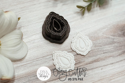 Clay Earring Cutter STL Lace Teardrop Design For Polymer Clay Earrings, Sharp-Edge 3D Printing Cutter For Handmade Jewelry Makers, Decorative Boho Frame With Layered Teardrop Center, Clean Cutter Shape For Boutique Statement Earrings By Diva Watts Designs