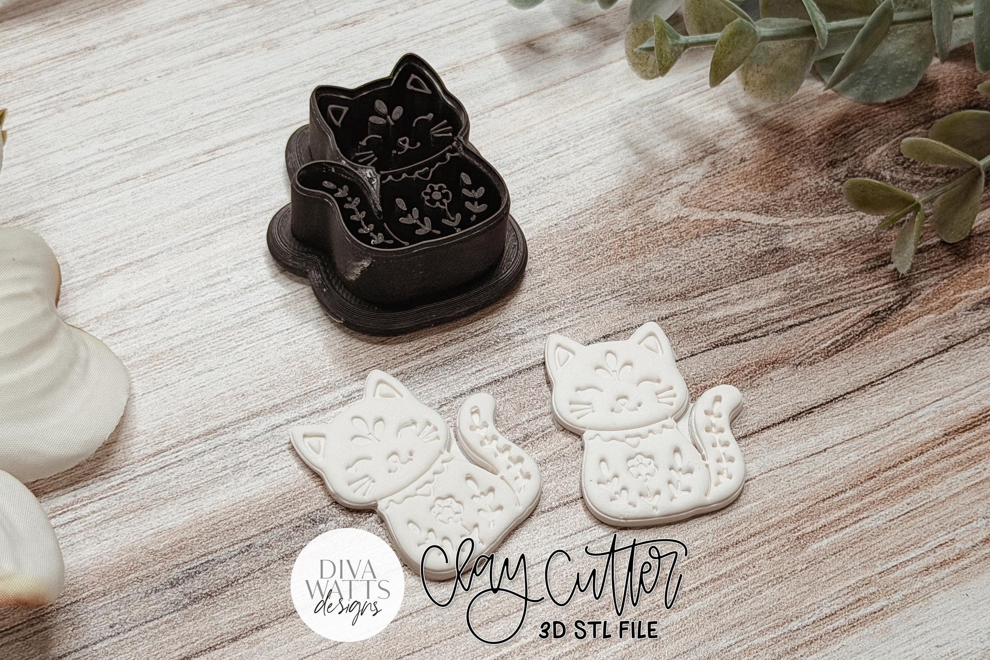 Floral Folk Art Cat Clay Cutter STL for Polymer Clay Earrings Featuring a Cute Sitting Cat with Botanical and Floral Details. Sharp-Edge Design for Crisp, Clean Cuts. Approximate Cutter Size 1.6 Inch W x 1.7 Inch H. Perfect for Boutique Handmade Animal-Themed Jewelry.
