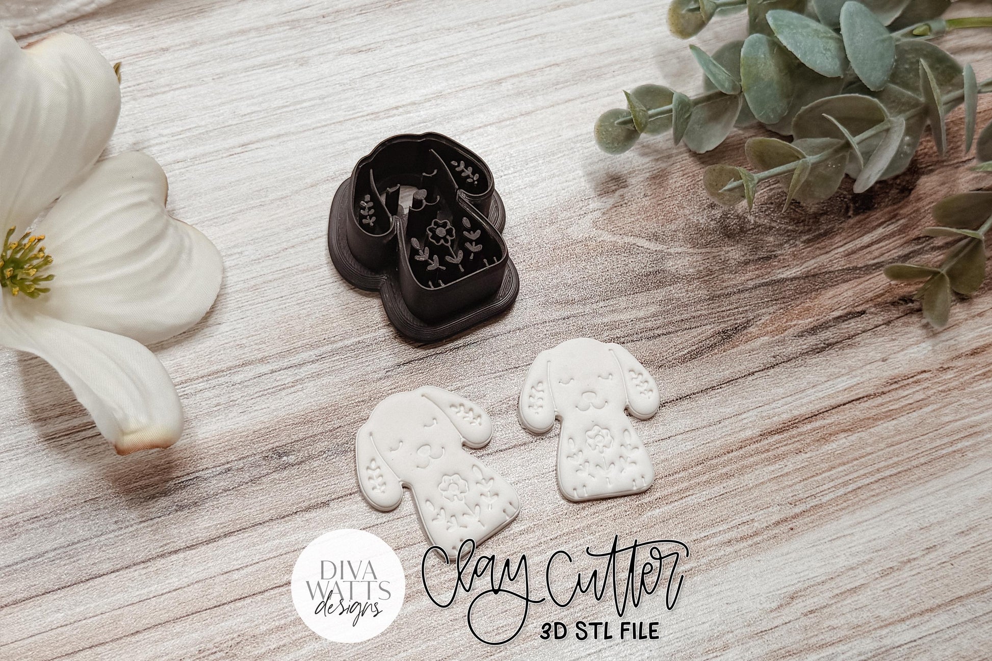 Floppy Ear Dog Clay Cutter STL for Polymer Clay Earrings Featuring a Cute Puppy with Floral Embossed Details, Approximate Size 1.6 Inch W x 1.7 Inch H, Sharp Edge Design for Clean Cuts and Boutique Handmade Jewelry.