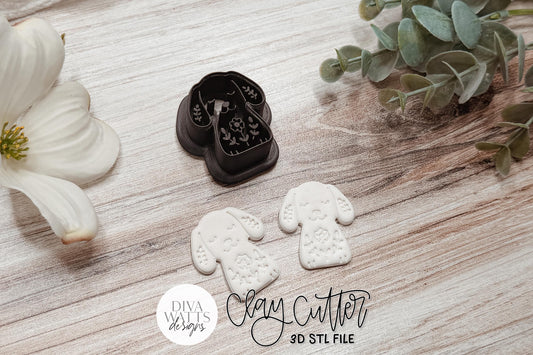 Floppy Ear Dog Clay Cutter STL for Polymer Clay Earrings Featuring a Cute Puppy with Floral Embossed Details, Approximate Size 1.6 Inch W x 1.7 Inch H, Sharp Edge Design for Clean Cuts and Boutique Handmade Jewelry.