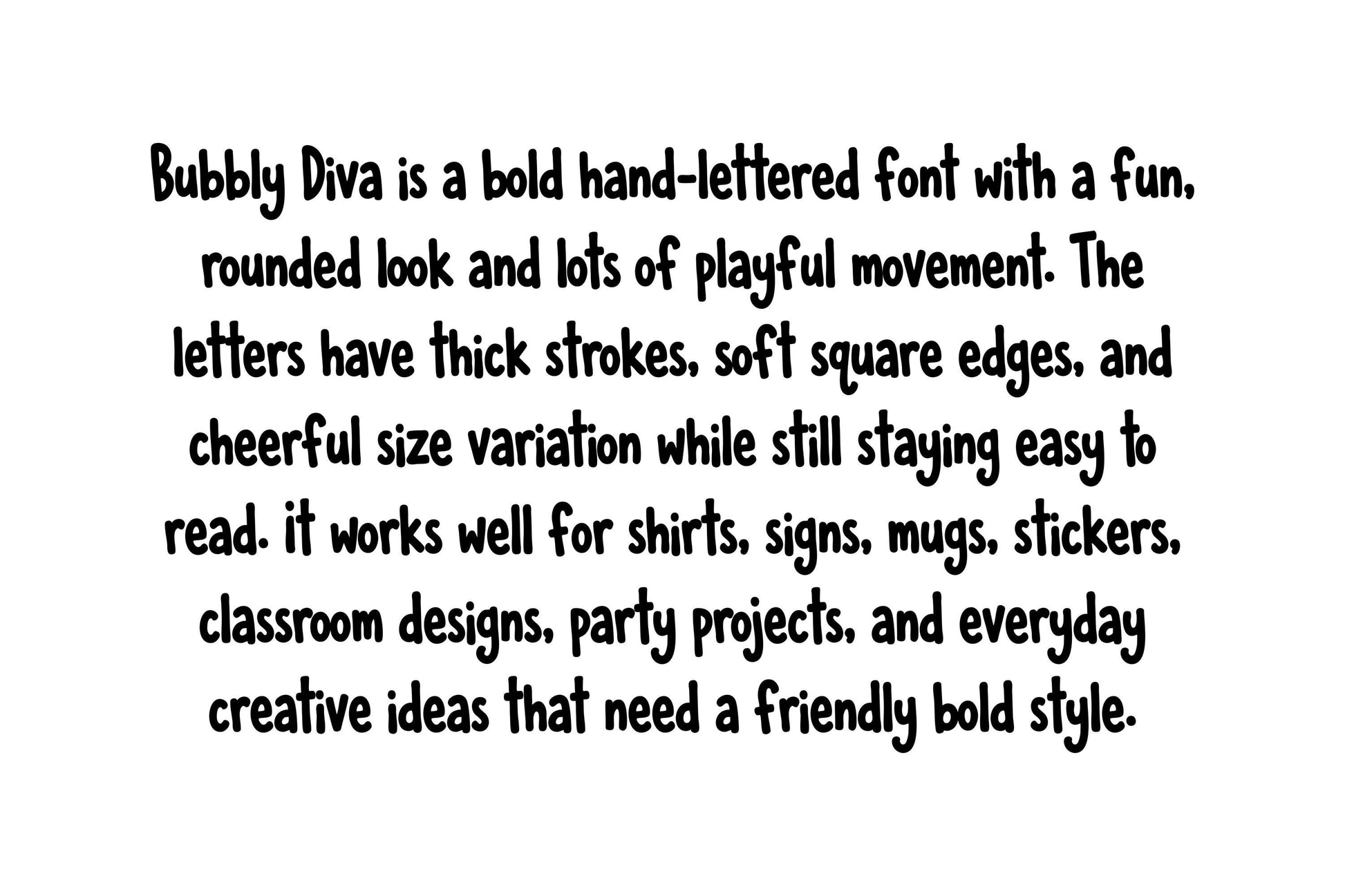 Handwritten Font Bubbly Diva Bold Hand Lettered OTF For Stickers, Labels, Signs, Invitations, Cards, And Personal Projects