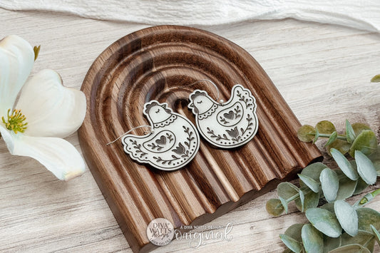 Digital SVG File for Cottagecore Folk Art Hen Dangle Earrings, Instant Download Featuring Large and Small Farmhouse Chicken Designs for Glowforge and xTool, Boutique-Style Barnyard Earring Design by Diva Watts Designs