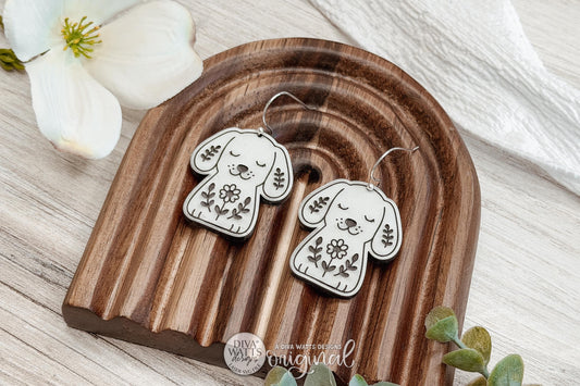 Digital SVG File for Cottagecore Folk Art Puppy Dangle Earrings, Instant Download Featuring Large and Small Floral Dog Designs for Glowforge and xTool, Boutique-Style Dog Lover Earring Design by Diva Watts Designs