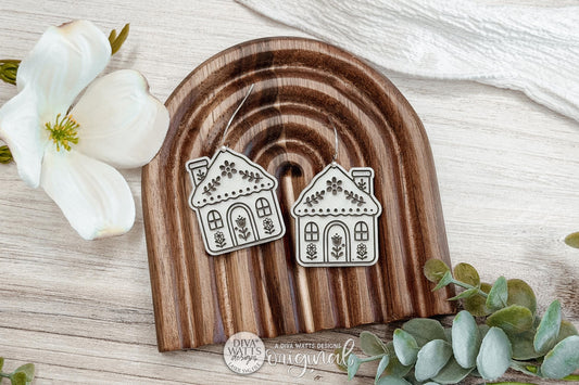 Digital SVG File for Laser Cut Cozy Cottage House Dangle Earrings — Instant Download for Glowforge and xTool, Boutique-Style Cottagecore Earring Design Featuring a Whimsical Floral Cottage House Perfect for Handmade Jewelry Collections.