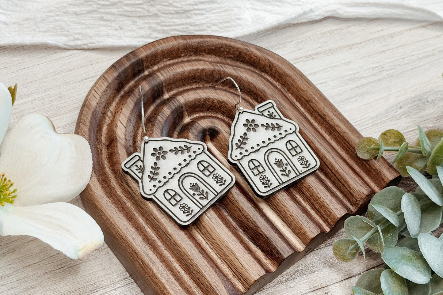 Laser Cut Earring SVG Cozy Cottage House Dangle Design Whimsical Floral Cottagecore Earrings for Boutique Handmade Jewelry Sellers