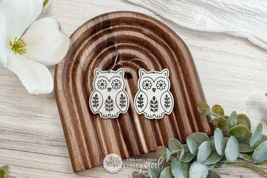 Digital SVG File for Laser Cut Woodland Owl Dangle Earrings — Instant Download for Glowforge and xTool, Boutique-Style Owl Earring Design Featuring Floral Eyes and Botanical Engraved Details for Cottagecore and Handmade Jewelry Collections.