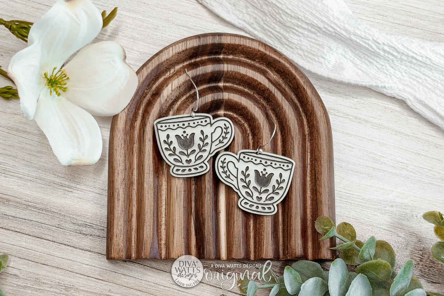 Laser Cut Earring SVG Teacup Dangle Design Cottagecore Tea Cup Earrings Whimsical Floral Jewelry for Boutique Handmade Sellers
