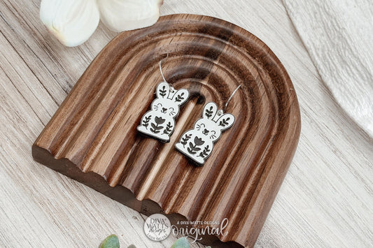Digital SVG File for Laser Cut Folk Art Bunny Dangle Earrings, Instant Download for Glowforge and xTool, Cottagecore Floral Rabbit Boutique-Style Earring Design by Diva Watts Designs