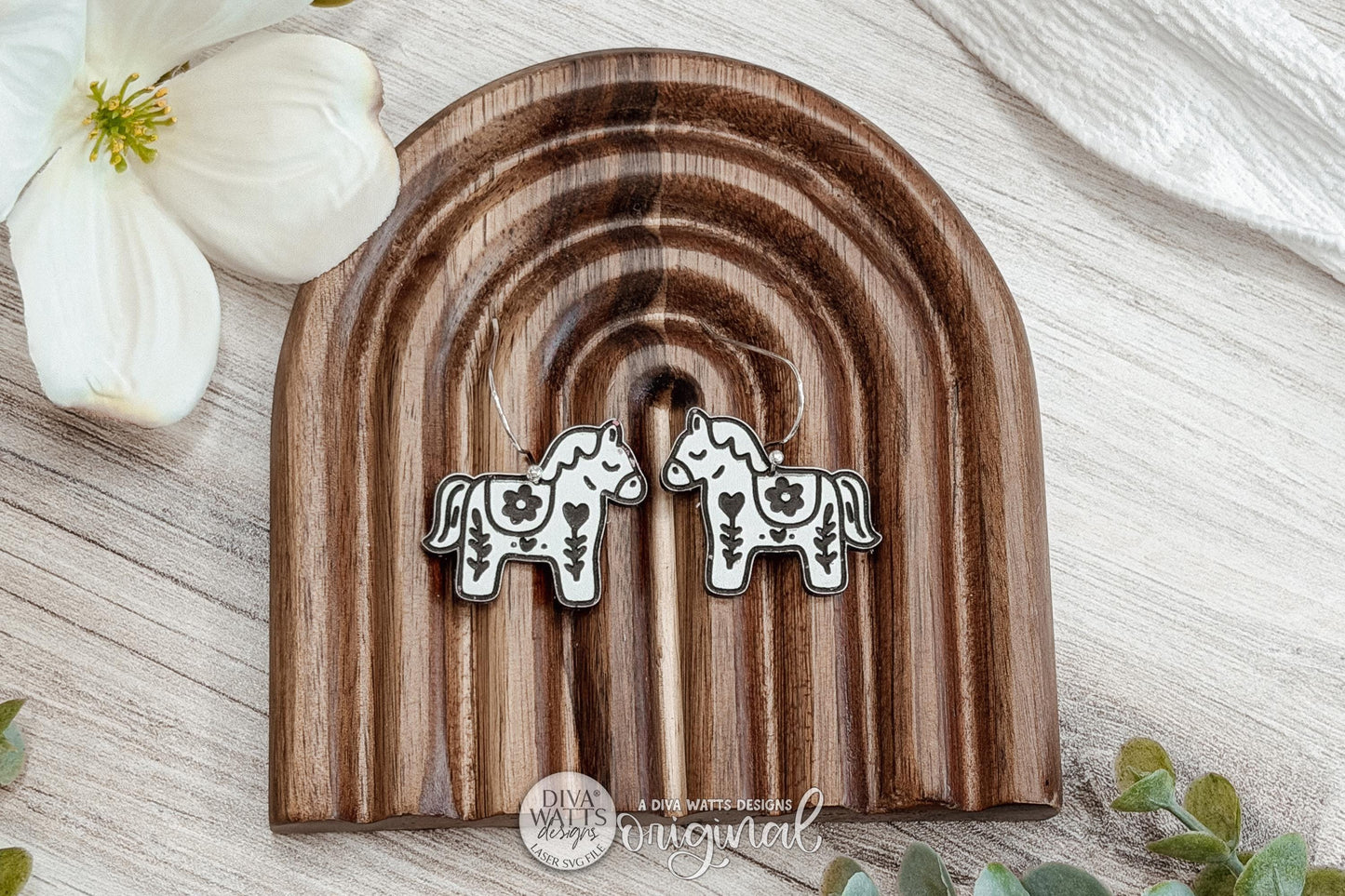Digital SVG File for Laser Cut Folk Art Horse Dangle Earrings, Instant Download for Glowforge and xTool, Cottagecore Floral Pony Boutique-Style Earring Design by Diva Watts Designs